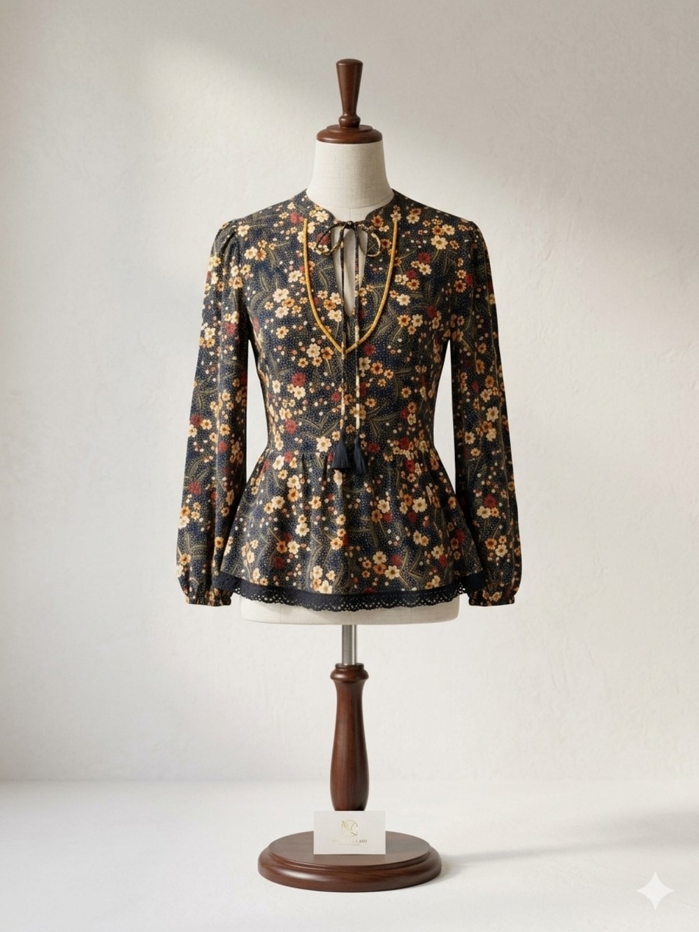 FARM Rio Black Floral Tie-Neck Peplum Blouse with Mustard Accents